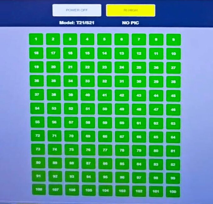 ASIC hashboard test screen showing an all-green pass grid during bench testing